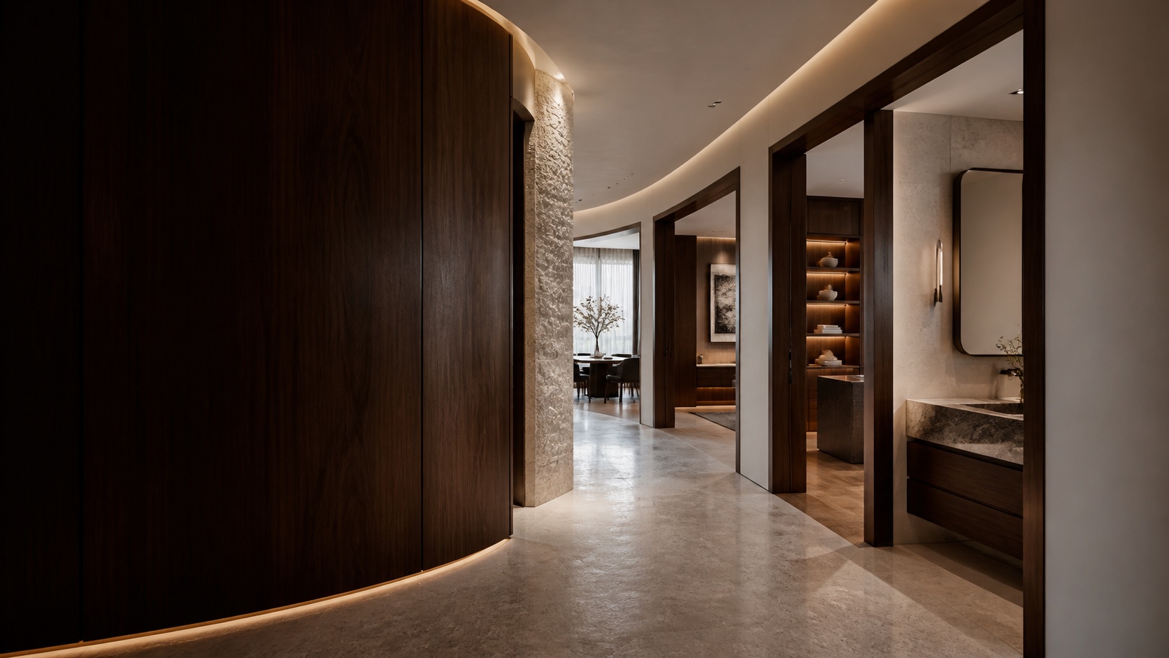 Furnitur built-in custom bernuansa kayu pada interior modern